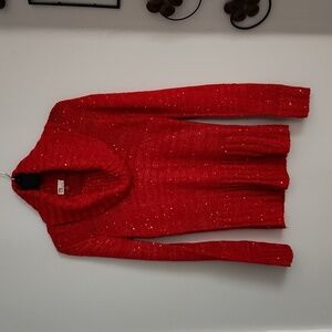 Lei Women's Red Cowl Neck Sparkly Stretch Pullover Sweater.